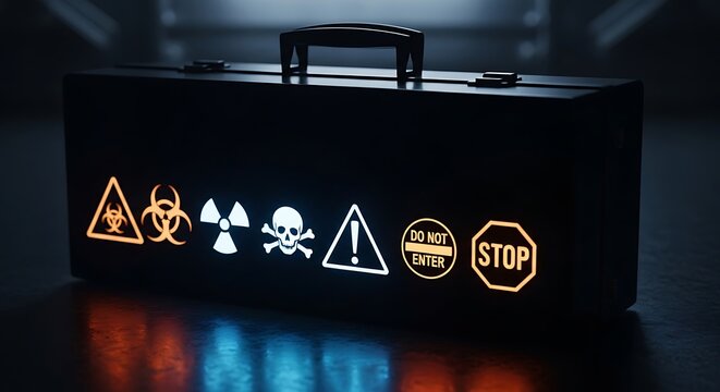 Biohazard warning signs on briefcase.