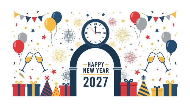 New Year's Eve Celebration 2027: Ring in the new year with a festive scene featuring balloons, confetti, gifts, and champagne flutes, all under an archway with a clock striking midnight.
