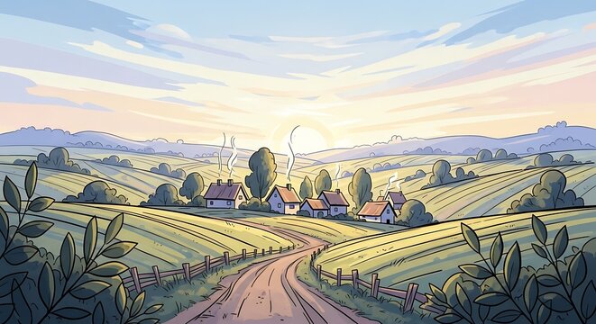 Serene countryside landscape with rolling hills.