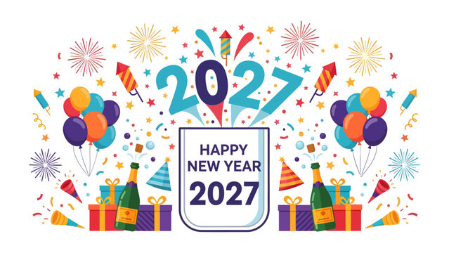 New Year 2027 Celebration: A vibrant and festive illustration depicting the arrival of the new year 2027, complete with fireworks, balloons, gifts, and champagne.