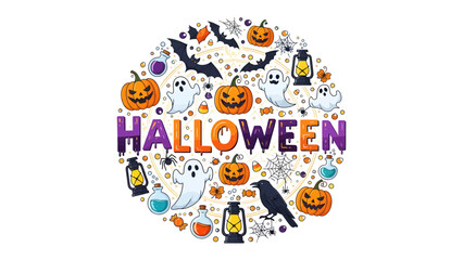 Fototapeta premium Halloween Celebration Collage: A vibrant and whimsical collage brimming with classic Halloween motifs including pumpkins, ghosts, bats, potion bottles, lanterns, and a crow.