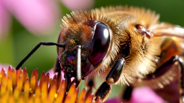 A close up view of a fuzzy bee gathering nectar on flower