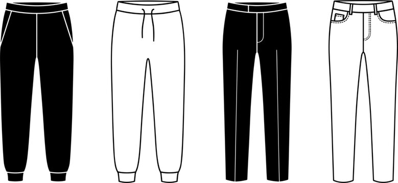 Men and Women Casual Pants and Sweatpants Vector Icon Set Featuring Sweatpants Jeans Trousers and Joggers Technical Sketch Mockups for Apparel Fashion Design