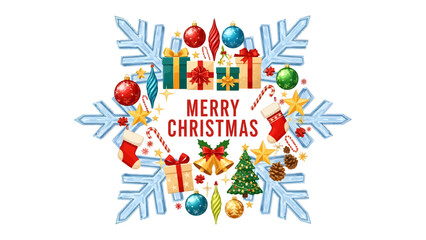 Fototapeta premium Snowflake of Holiday Cheer: A vibrant snowflake frame adorned with festive Christmas elements including gifts, ornaments, bells, candy canes, and a Christmas tree.