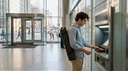 Fototapeta premium Man using ATM machine inside modern glass-walled banking hall with city view