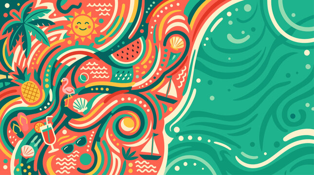 Vibrant abstract illustration depicting a split scene of summer elements like sun, palm trees, and tropical fruits on one side, and swirling ocean waves on the other.