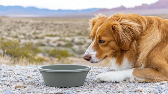 Border Collie dog looking at its grey water bowl outdoors