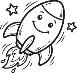Obraz premium Smiling Cartoon Rocket Ship Blasting Off with Stars