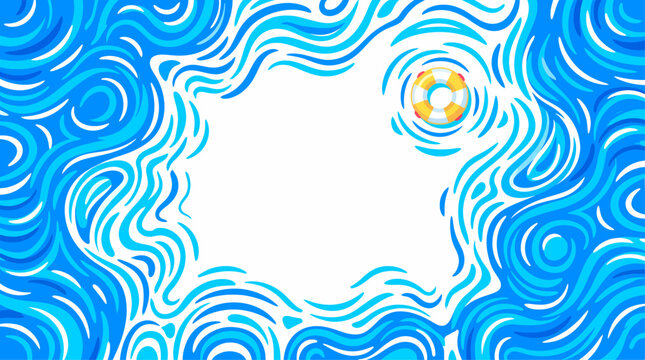 Stylized blue water waves with a central white empty space and a floating lifebuoy, perfect for a background or frame.