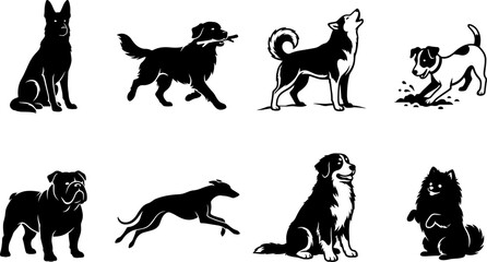 Dog breed silhouettes in various poses including German Shepherd, Retriever, Husky, Terrier, Bulldog, Greyhound, Bernese, and Pomeranian © creativeDesigner2023