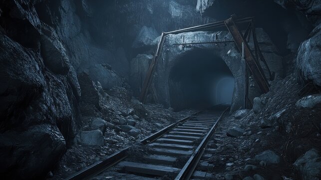 Dark mine tunnel with steel supports and railroad tracks