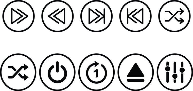 Outline media player buttons set with playback controls and settings icons on transparent background vector.