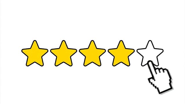 Customer feedback with glowing star ratings a hand cursor selecting the fifth star indicating excellent user experience and positive review signifying service quality assessment. Flat Design2D Animati