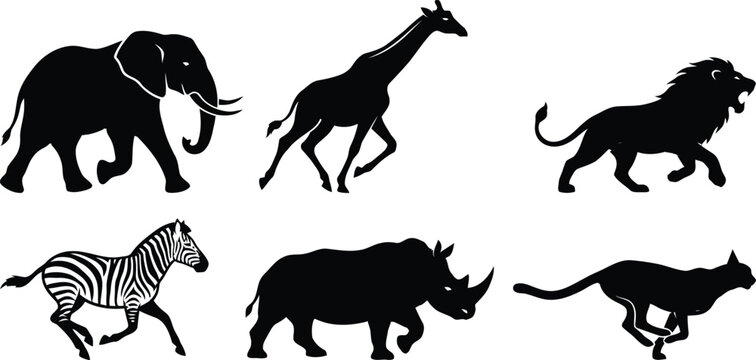 African wildlife silhouettes on a white background
