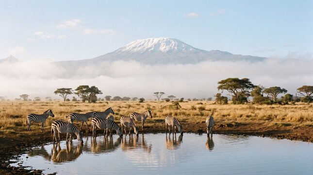 Group of zebras drinking water in the african savanna
