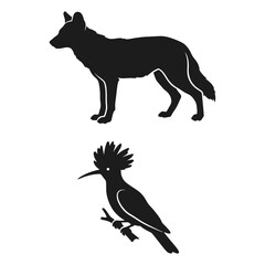 Dhole wild dog and hoopoe bird silhouette vector icons with silhouette, wildlife © mia