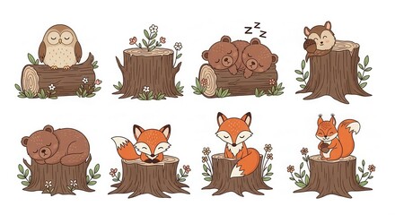 Fototapeta premium Cute Woodland Animals Collection with Fox Bear Owl and Squirrel on Tree Stumps and Logs Cartoon Illustration Set