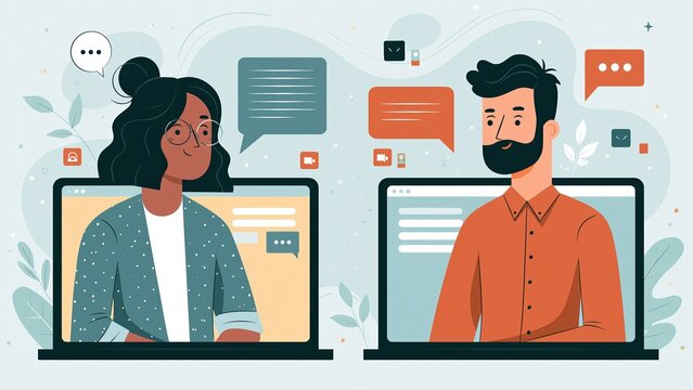 Remote video call with two people chatting in online meeting