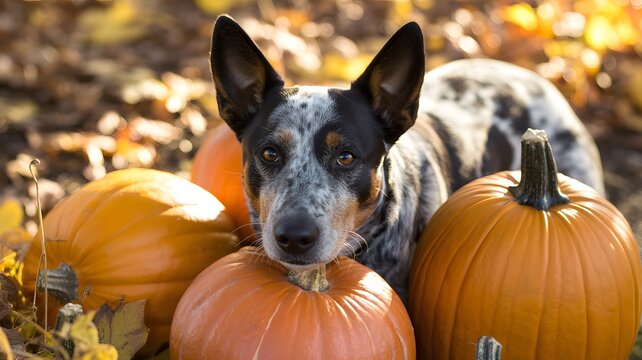 Cute australian cattle dog sitting among orange pumpkins in autumn fall leaves