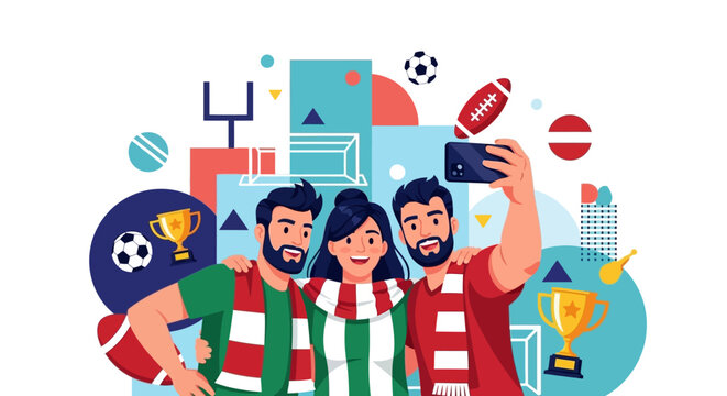 Friends in sports jerseys taking a selfie with various sports equipment around them