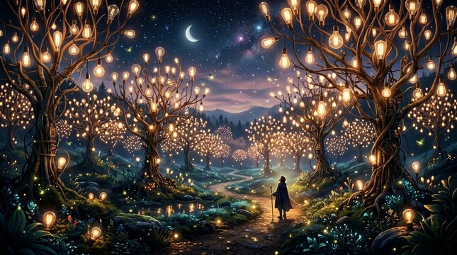 Fantasy Light Bulb Tree Grove Under Starry Sky with Glowing Woodland Path and Magical Nighttime Illumination