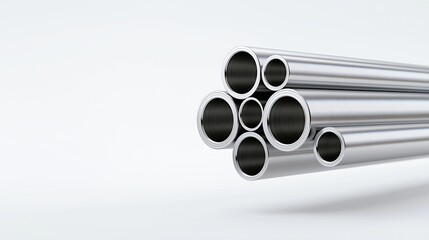 Fototapeta premium Bundle of seven hollow stainless-steel pipes with different diameters on clean light gray background for industrial material and engineering construction projects