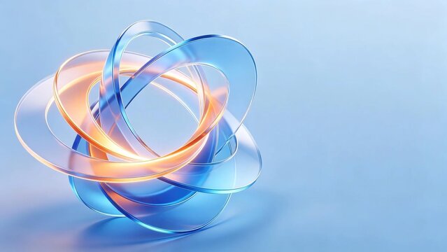 Abstract modern 3D render of interwoven transparent glass rings with glowing blue and orange gradient edges on soft light blue background for futuristic technology design projects