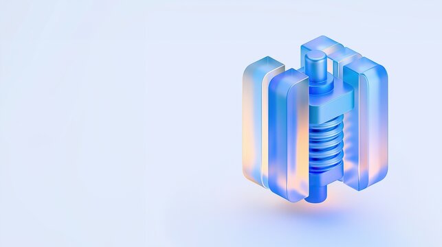 3D render of modern futuristic translucent frosted glass transformer icon with warm glowing edges on plain light background for energy and electrical technology projects