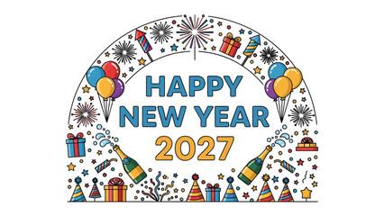 Obraz premium Happy New Year 2027 Celebration Graphic: A vibrant and festive graphic design wishing a Happy New Year 2027, featuring balloons, fireworks, champagne bottles, gifts, and party hats.