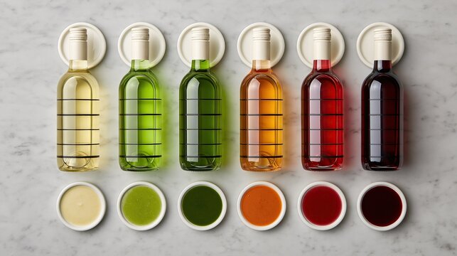 Six assorted color wine bottles with matching small wine sample bowls arranged on marble background for wine tasting and beverage related design projects