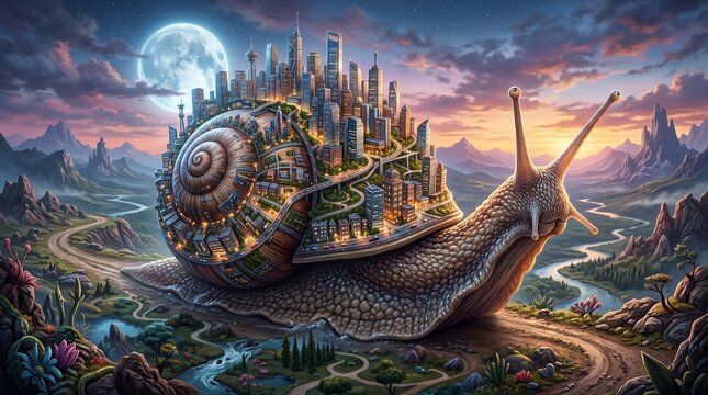 Futuristic City Built on Giant Snail Shell Traveling Through Fantasy Valley Landscape Under Full Moon and Sunset Sky