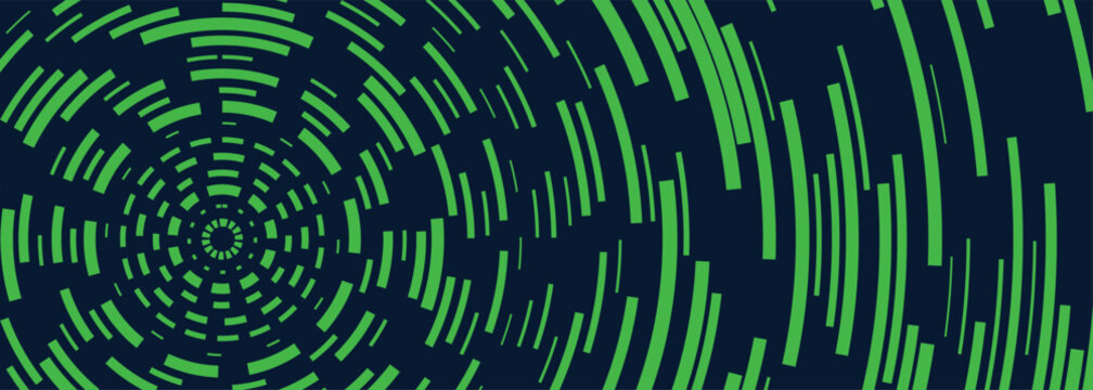 Cyber network circular dashed line background. dark blue space, bright green radial tracks, dot matrix grid. for futuristic hacker screen graphics, tech web banners. modern vector layout.