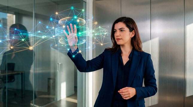 Businesswoman interacting with connected database network visualization in a modern office