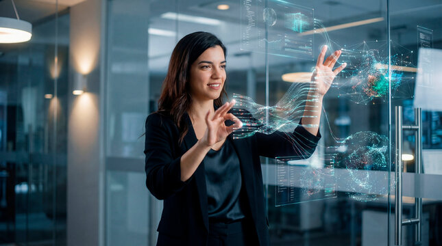 Data scientist orchestrating artificial intelligence insights through interactive analytics interface