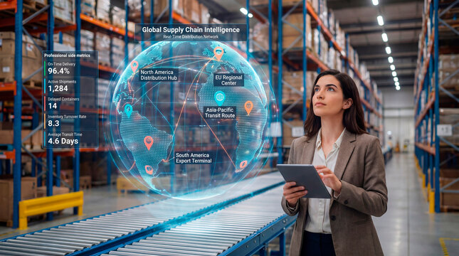 Supply chain manager reviewing global distribution network analytics in warehouse