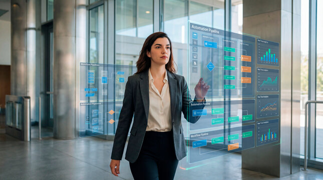 Business analyst monitoring automation workflows through digital process dashboard