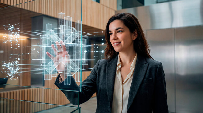 Architect interacting with digital building model inside a modern office atrium