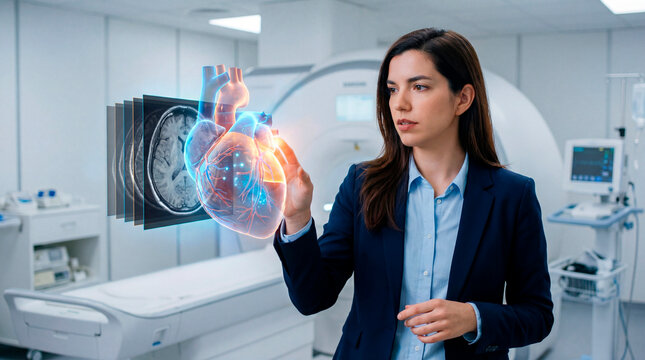 Healthcare specialist examining digital heart model beside MRI imaging system