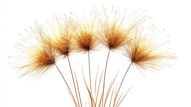 Dried, light brown grass seed heads arranged in a fan shape against a white background.