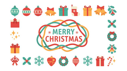 Christmas Greeting Frame: A festive collection of Christmas icons forms a decorative border around a Merry Christmas message, perfect for holiday greetings and designs. © Murshida