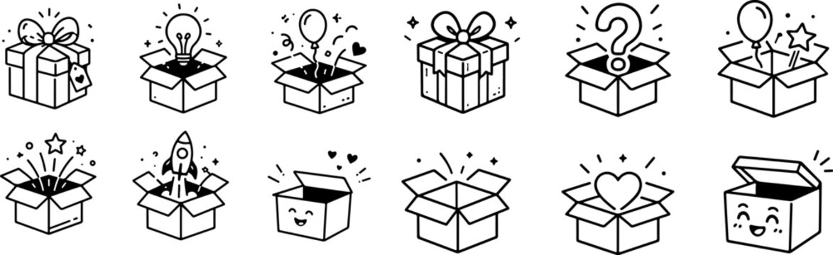 Line art mystery box icon set featuring gift boxes, question marks and surprise symbols for promotions, rewards and special offers. vector illustration eps