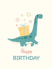 Happy Birthday greeting card template with a cute long neck dinosaur character carrying a big gift box. Kids holiday celebration poster design. Vector illustration isolated on beige. © Инна Музыка
