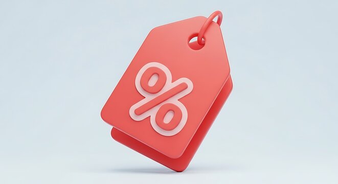 3d red sale tag with percentage symbol floating against plain light background for promotion.