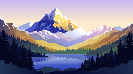 Mountain range vector illustration with lake and forest, scenic landscape © MdDulal