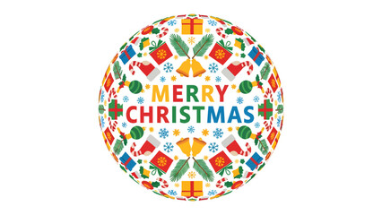 Obraz premium Merry Christmas Globe: A vibrant, spherical graphic design incorporating festive Christmas icons like gift boxes, candy canes, bells, and snowflakes.