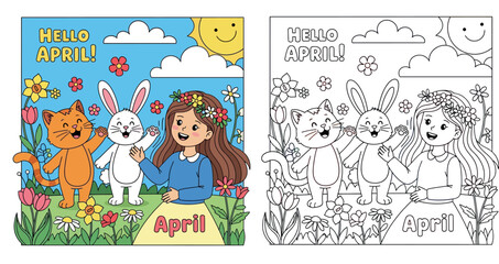 Fototapeta premium with Happy Girl, Cat, and Bunny in a Spring Flower Field Under Sunny Sky - Seasonal Greeting Illustration