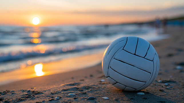 Calm beach scene with sunset reflections and a sports ball on the shore, relaxation and outdoor recreation concept, defocused, with copy space