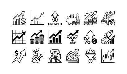 Fototapeta premium Financial growth icon set with profit charts and upward arrow symbols black and white vector