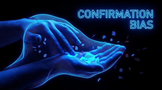 Conceptual representation of confirmation bias with glowing digital hands.