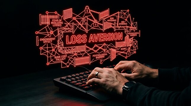 Loss Aversion concept displayed as a glowing digital network above a keyboard.